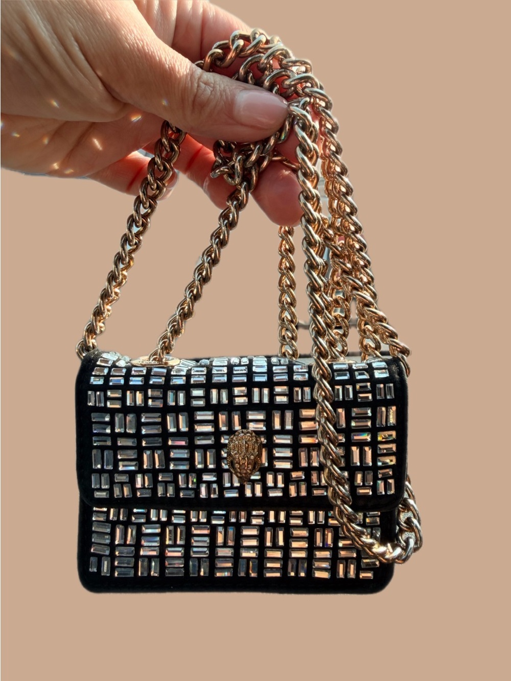Kurt Geiger Black Embellished Shoulder mini Bag with Gold Chain